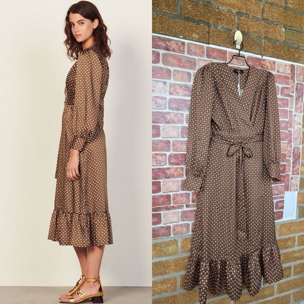 Rosedress Vintage Floral Printed Long Sleeve Ruffle Wrap Midi Dress - Coffee L — image 2 of 8